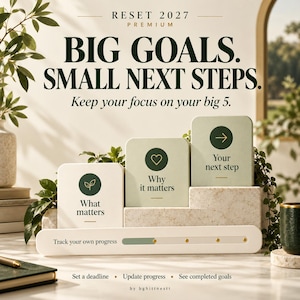 May include: A goal-tracking display with three tiered light green cards labeled What matters, Why it matters, and Your next step. Below, a white progress bar reads Track your own progress. Text above reads RESET 2027 BIG GOALS. SMALL NEXT STEPS.