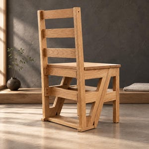 Op de afbeelding: Een lichtbruine houten converteerbare stoel die kan worden veranderd in een opstapje. Het meubelstuk heeft een rugleuning met latten, een platte vierkante zitting en een stevig frame met schuine steunen. De natuurlijke houtnerf is zichtbaar.