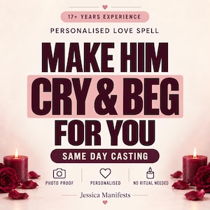 Op de afbeelding: Een digitale afbeelding met de tekst 17+ YEARS EXPERIENCE, PERSONALISED LOVE SPELL, MAKE HIM CRY & BEG FOR YOU, SAME DAY CASTING, PHOTO PROOF, PERSONALISED, NO RITUAL NEEDED en Jessica Manifests, geflankeerd door twee brandende bordeauxrode kaarsen en rode rozen.