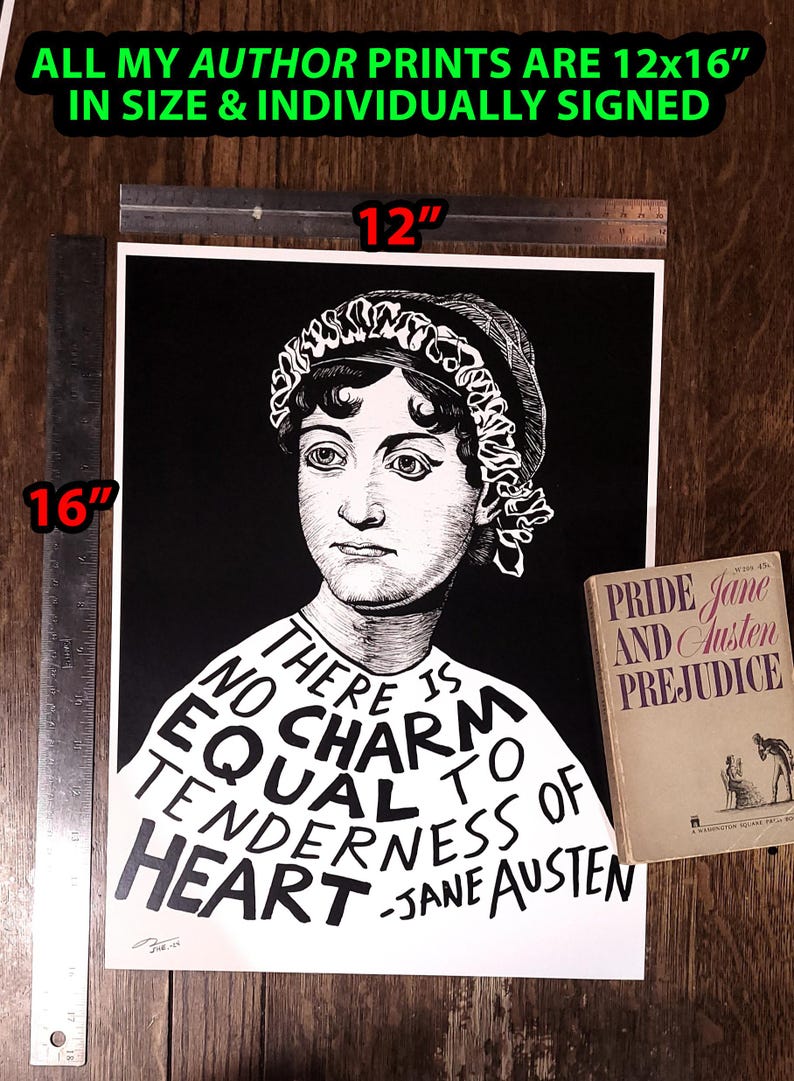 Pode incluir: Ilustra&ccedil;&atilde;o em preto e branco de Jane Austen, autora de Orgulho e Preconceito, com a cita&ccedil;&atilde;o "N&atilde;o h&aacute; encanto igual &agrave; ternura do cora&ccedil;&atilde;o - Jane Austen". A ilustra&ccedil;&atilde;o est&aacute; em uma impress&atilde;o de 12x16 polegadas.