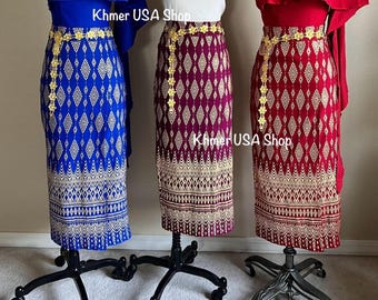 M-XL (6-10) Stretcable Fold Slim Skirt, Traditional Cambodian Thai Lao Skinny Skirt, Cultural Outfit, Khmer USA Shop. Chanthavy Beauty