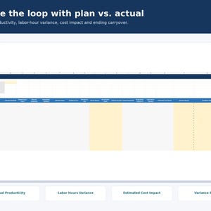 May include: A digital spreadsheet template titled Plan vs. Actual with columns for project data, labor hours, and cost impact. The interface features a dark blue header, white rows, and light yellow highlighted sections for tracking productivity metrics.
