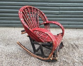 Vintage Folk Art Bentwood Child Size Rocker, Rustic Chair, Little Kids, Red Painted Twig 1950s Adirondack