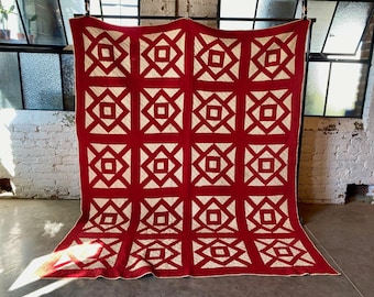 Antique Red and Calico Geometric Handmade Quilt 1940s