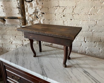 Antique Wooden Handmade Footstool, Cabriole Legs, Rustic Oak Construction