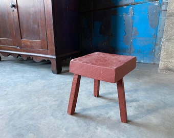 Primitive Milking Stool, Antique Rustic Red Stool, c.1900 USA