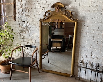 Large Antique Crested Giltwood Beveled Mirror, c.1900, Vintage Full Length Art Nouveau Hanging Mirror