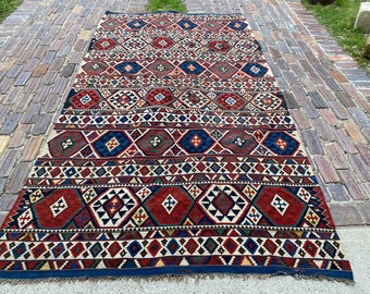 Antique 5'9 x 10'7 Hand-knotted Rug #133 circa 1890s. Caucasian Shirvan Kilim Flatweave Geometric Tribal Rug. free domestic shipping.