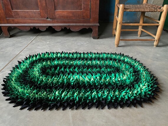 Vintage Rag Rug Green And Black Folk