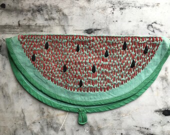 Antique Embroidered Pot Holder, American Folk Art, Watermelon, free domestic shipping