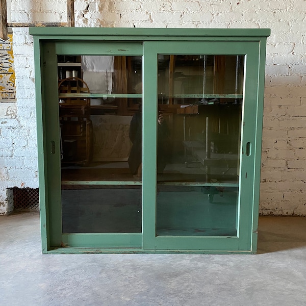 On HOLD Antique Lab Cabinet, Display Piece, Wall Mount Green Shelving, Hamilton Parisian Green Painted Furniture 1920s USA