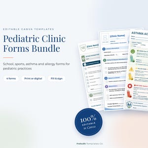 Könnte beinhalten: Ein Bündel an Formularen für Kinderarztpraxen als bearbeitbare Canva-Vorlagen. Das Set enthält vier Dokumente: ein Patienteninformationsformular, ein Schreiben für Schule und Kita, einen Asthma-Aktionsplan und einen medizinischen Plan.