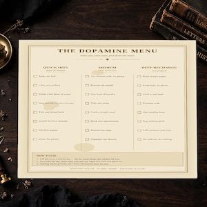 Peut inclure: Une impression sur papier couleur crème intitulée The Dopamine Menu, présentant trois colonnes nommées Quick Hits, Medium et Deep Recharge avec des cases à cocher pour diverses tâches. Le document inclut une section How To Use en bas.
