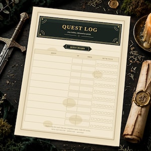 Può includere: Un registro delle missioni in carta color crema con un'intestazione verde scuro contenente il testo "QUEST LOG" e "your habits, reframed as quests." Il modulo include colonne per missione, XP, informazioni e caselle di controllo.