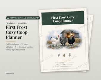 Può includere: Un planner stampabile First Frost Cozy Coop da 19 pagine. La copertina presenta un'illustrazione ad acquerello di un pollaio in legno con tre polli, bianco, maculato e nero, su un terreno ghiacciato, con icone di foglie e una muffola.