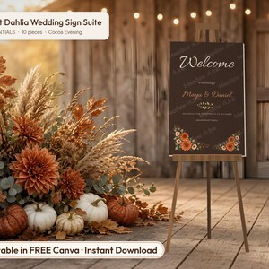 Moody Brown Wedding Sign Set, 10 Piece Essentials, Cocoa Dahlia Welcome Sign, Seating Chart, Editable Canva Template, Digital Download