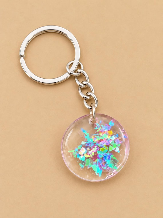 Resin Keychain with Holographic Flakes, Clear Disc Charm