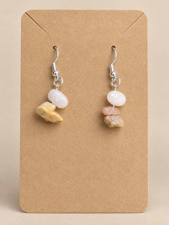 Natural Stone Dangle Earrings: Layered Pebble Design, Silver Hooks