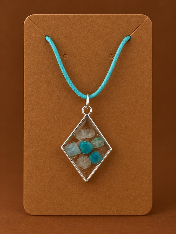 Handcrafted Resin Necklace with Blue Stones, Diamond Pendant