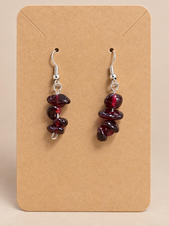 Red Stone Earrings: Polished Gemstone Dangles, Silver Hooks