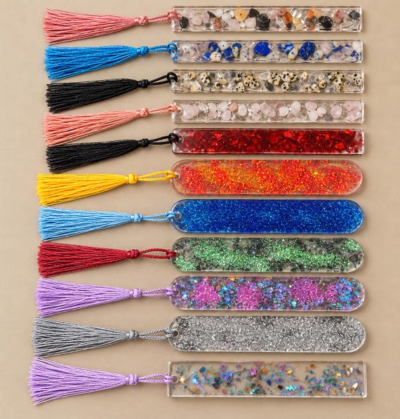 Resin Bookmark with Tassel: Embedded Gemstones, Boho Style