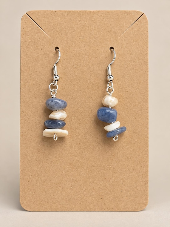 Blue and White Stone Earrings, Layered Gemstone Dangle Jewelry