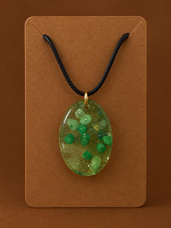 Resin Pendant Necklace with Green Gemstones, Black Cord