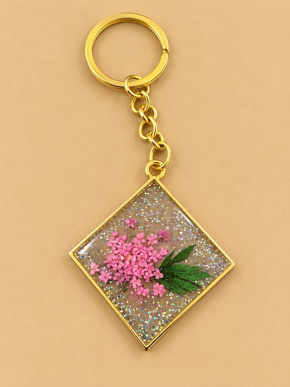 Resin Keychain with Pressed Flowers, Glitter, Gold Frame