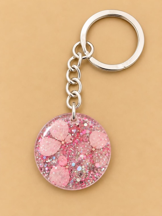 Pink Resin Keychain with Pressed Flowers and Glitter
