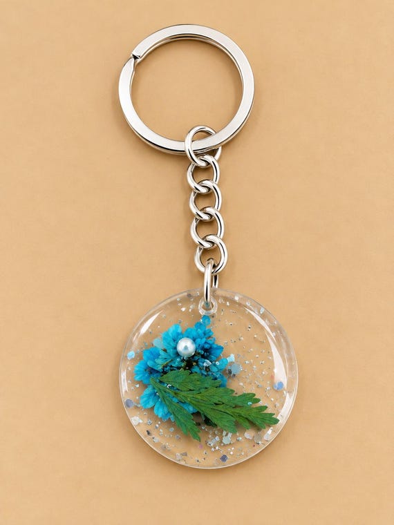 Resin Keychain with Dried Flowers, Glitter, Pearl (Silver Chain)
