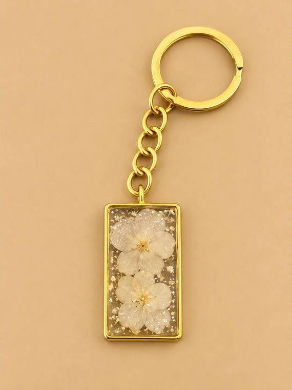 Resin Keychain with Preserved Flowers, Gold Chain, Sparkle Detail
