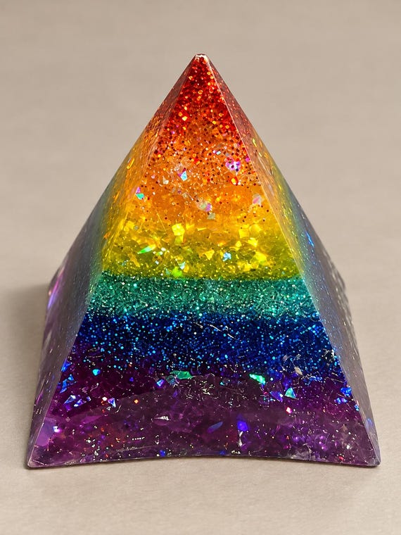 Rainbow Glitter Resin Pyramid Paperweight – Vibrant Glitter Layers