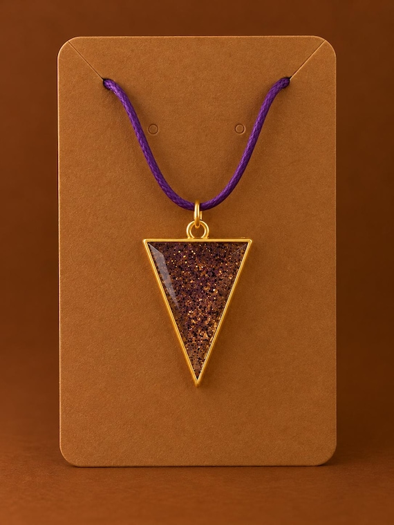 Glitter Resin Triangle Pendant Necklace, Gold Frame, Purple Cord