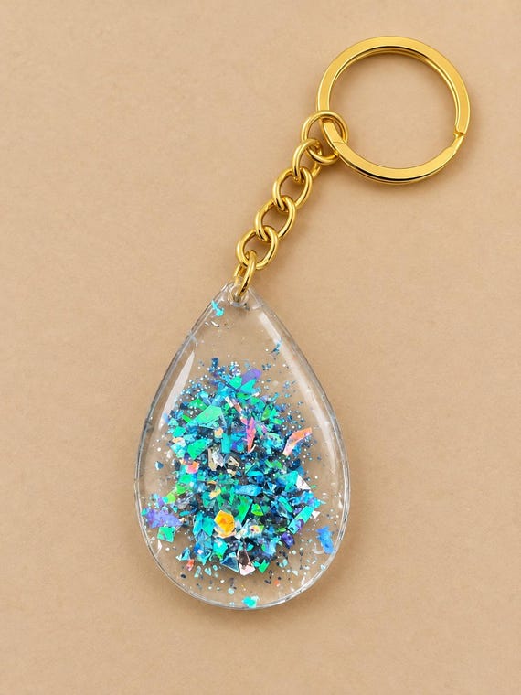 Tear Drop Resin Keychain with Glitter, Gold Chain