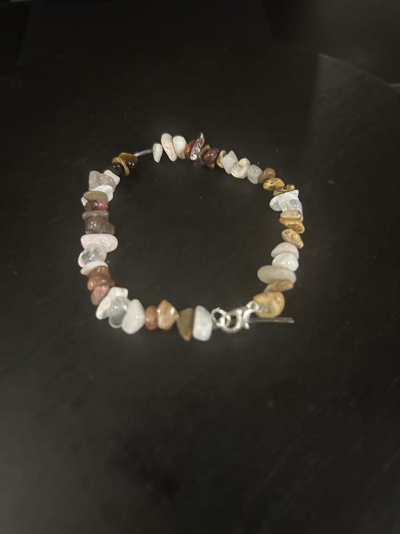 Stone Bracelet: Orange, White, Cream Pebbles, Silver Clasp