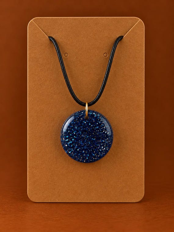 Blue Sparkly Resin Pendant Necklace – Glittery Disc Charm