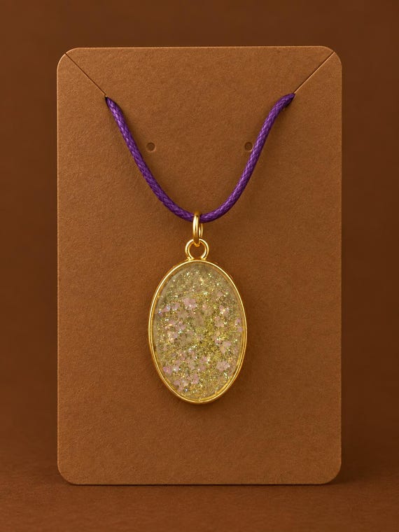 Glitter Resin Pendant Necklace: Gold Oval, Purple Cord