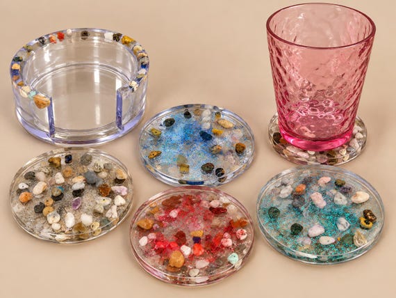 Handmade Resin Coasters with Decorative Stones, Glitter, and Glitter