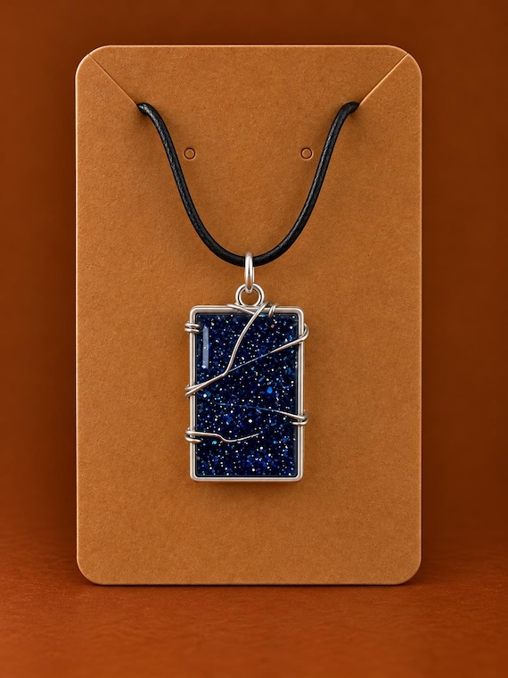 Handcrafted Wire Art Pendant Necklace: Sparkly Blue Glitter Gemstone