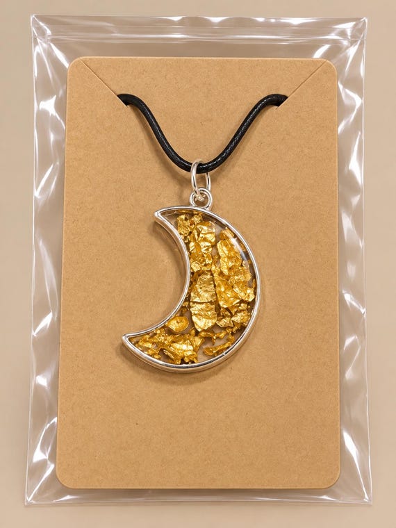 Resin Moon Pendant Necklace with Gold Leaf, Boho Jewelry