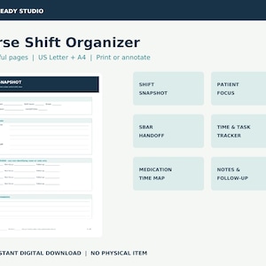 Könnte beinhalten: Eine digitale Vorlage für einen Pflegeschicht-Organizer mit sechs Seiten, darunter Shift Snapshot, Patient Focus, SBAR Handoff, Time & Task Tracker, Medication Time Map und Notes & Follow-up. Das Layout ist für US Letter und A4 Formate ausgelegt.
