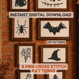 May include: Eight framed cross stitch patterns featuring black silhouettes on white fabric. Designs include a cat, a skull face, a spider, a bat, a bare tree, a witch hat, a potion bottle, and a scarecrow. Text reads INSTANT DIGITAL DOWNLOAD, PDF PATTERNS, 8 MINI CROSS STITCH PATTERNS.