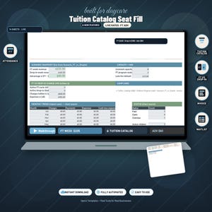 May include: A digital dashboard titled Built for Daycare Tuition Catalog Seat Fill displayed on a laptop screen. The interface features tables for scenario snapshots, capacity, charge mix, monthly trends, and status, with navigation buttons for attendance, invoices, and waitlists.