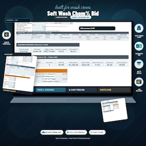 May include: A digital spreadsheet template titled Soft Wash Chem% Bid for pressure washing businesses. The interface displays data tables for surface lines, scenario snapshots, and job builder metrics with columns for costs, margins, and chemical usage.