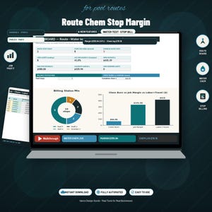 May include: A digital dashboard interface titled Route Chem Stop Margin for pool routes, displaying data tables, a pie chart for billing status, and a bar graph comparing Chem Burn, Job Margin, and Labor plus Travel with navigation icons.
