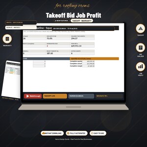 May include: A digital dashboard titled Takeoff Bid Job Profit for roofing crews displayed on a screen. The interface features data tables for win rates, squares, warranties, and job margins, with navigation icons for takeoff, bid builder, and job profit.
