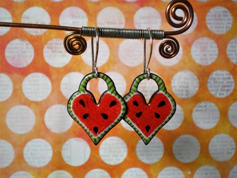Watermelon Heart enameled drop earrings