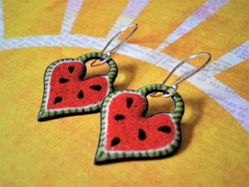 Watermelon Heart enameled drop earrings