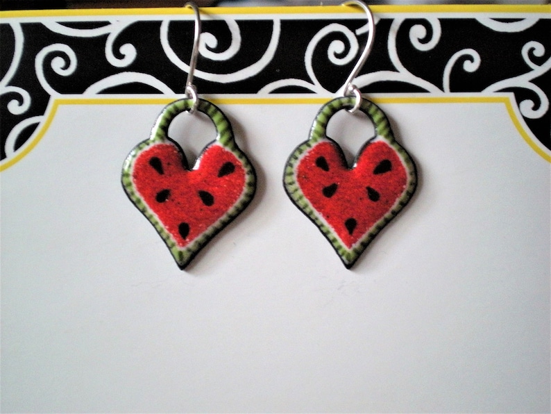 Watermelon Heart enameled drop earrings