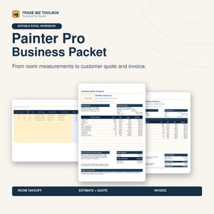 Pode incluir: Uma pasta de trabalho do Excel editável intitulada Painter Pro Business Packet, com modelos para medições de salas, orçamentos de clientes e faturas. O documento exibe tabelas com colunas para quantidade, unidade, taxa e valor, com cabeçalhos azul-escuros.